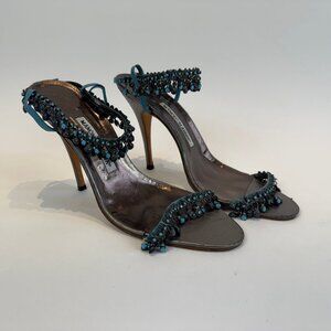 Manolo Blahnik Strappy Sandals with Turquoise Beaded Accents, EU 39.5